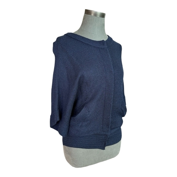 Women Sweater Navy Blue Rayon Blend Short Sleeve  Cardigan Button Front Sweater - Picture 3 of 6